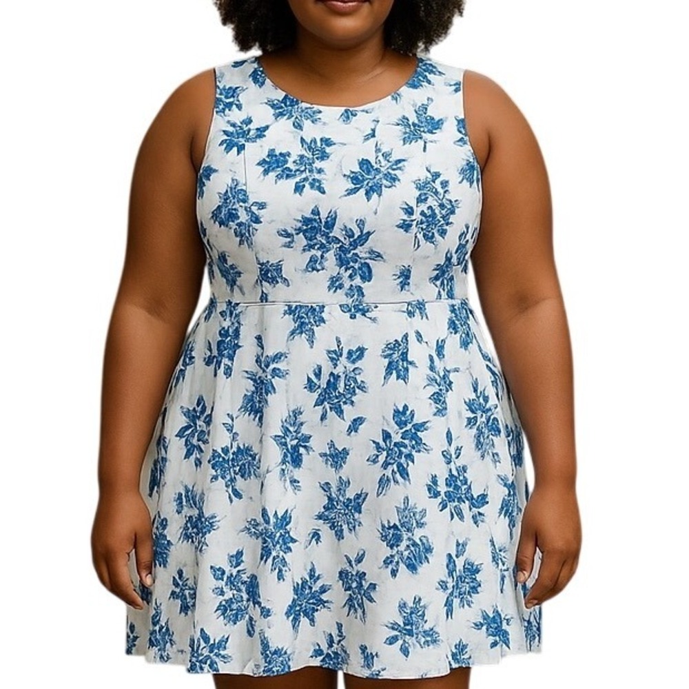 Gardenwed‎ Floral Blue White Toile Floral Fit & Flare Dress Plus Size 3XL Cotton